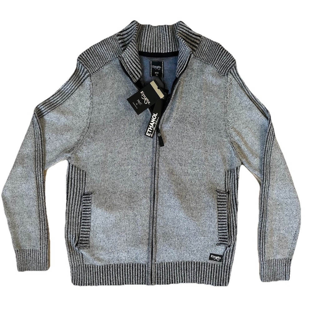 NWT Ethanol Zip Up Ribbed Stretchy‎ Sweater Men's Black & Gray Size XL